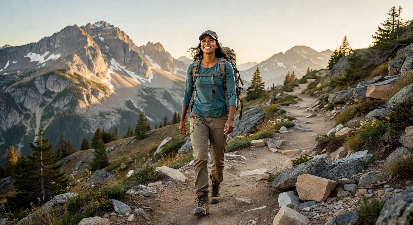 Confident solo female hiker on trail